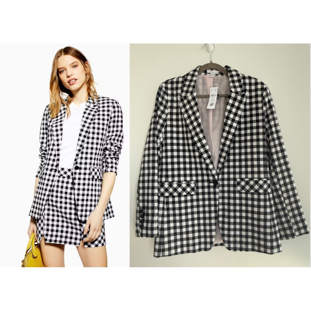 Topshop Women's 10 EUR42 NWT Plaid Check Blazer Black‎ White Structured
